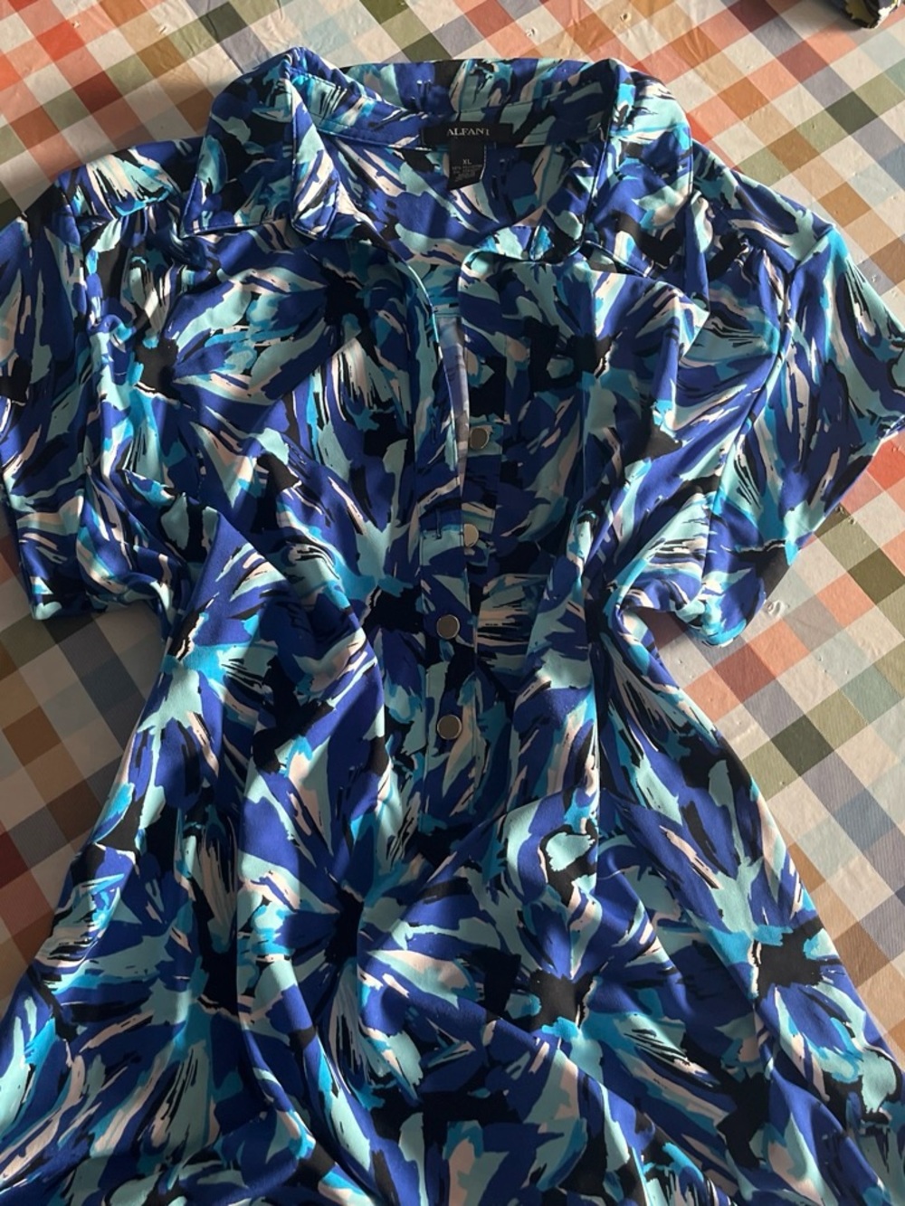 Alfani Blue & Aqua Abstract Brushstroke Button-Front Top